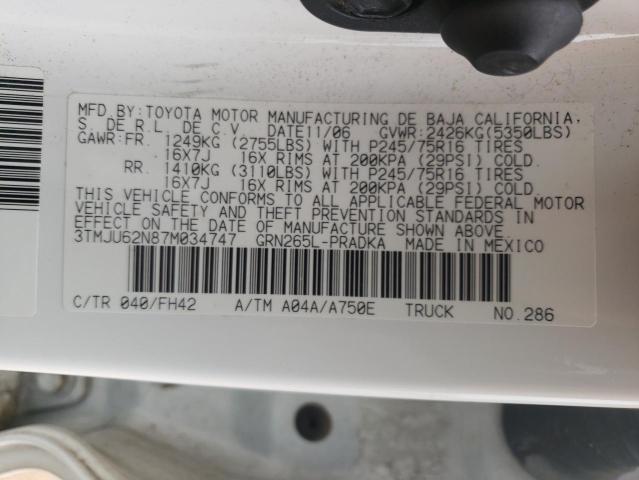 3TMJU62N87M034747 - 2007 TOYOTA TACOMA DOUBLE CAB PRERUNNER WHITE photo 12