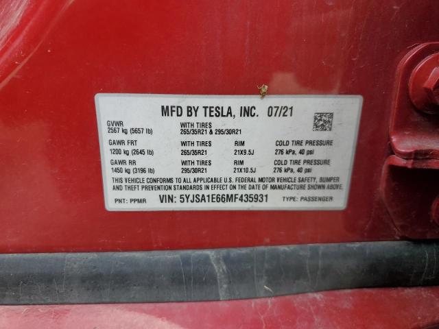 5YJSA1E66MF435931 - 2021 TESLA MODEL S RED photo 12