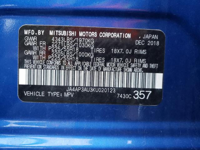 JA4AP3AU3KU020123 - 2019 MITSUBISHI OUTLANDER ES BLUE photo 13