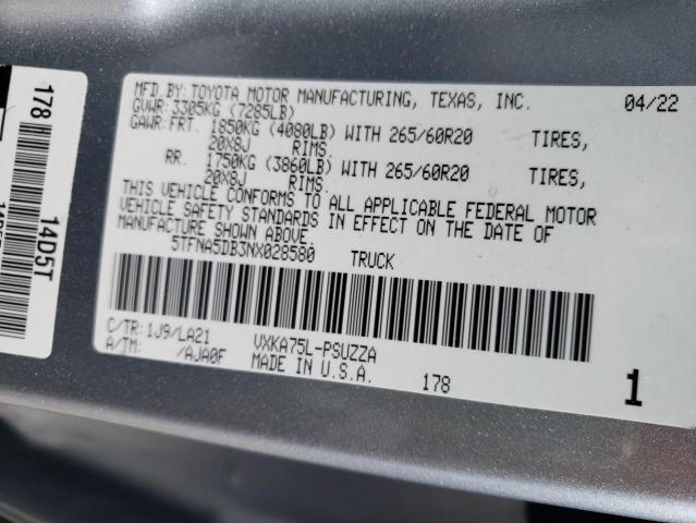 5TFNA5DB3NX028580 - 2022 TOYOTA TUNDRA CREWMAX PLATINUM 银色 照片 12