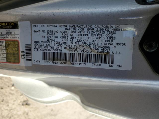 5TETX22N08Z559279 - 2008 TOYOTA TACOMA ACCESS CAB Сұр фото 12