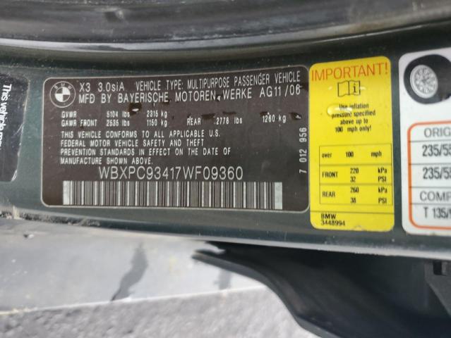 WBXPC93417WF09360 - 2007 BMW X3 3.0SI GREEN photo 13