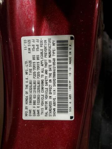 SHSRD78894U218548 - 2004 HONDA CR-V EX BURGUNDY photo 12