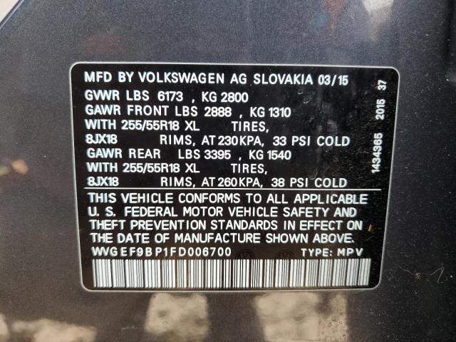 WVGEF9BP1FD006700 - 2015 VOLKSWAGEN TOUAREG V6 CHARCOAL photo 12