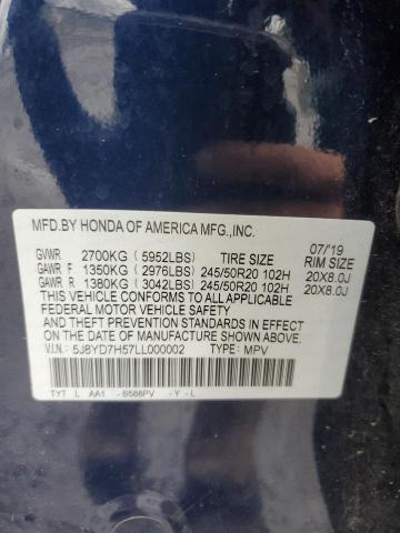 5J8YD7H57LL000002 - 2020 ACURA MDX SPORT HYBRID TECHNOLOGY BLUE photo 13