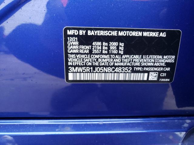 3MW5R1J05N8C48352 - 2022 BMW 330I BLUE photo 12