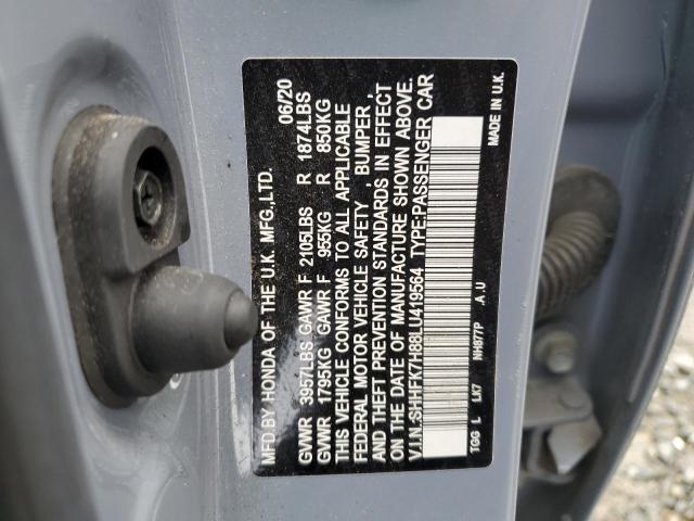 SHHFK7H88LU419564 - 2020 HONDA CIVIC EXL ლურჯი ფოტო 12