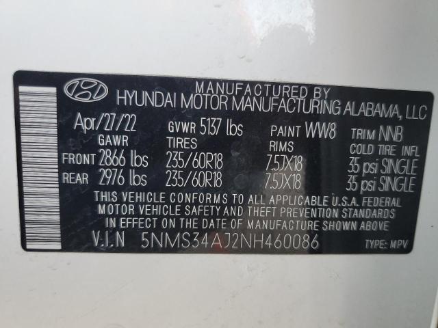 5NMS34AJ2NH460086 - 2022 HYUNDAI SANTA FE SEL WHITE photo 12