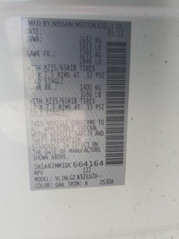 5N1AR2MM1DC664164 - 2013 NISSAN PATHFINDER S 白色 照片 14