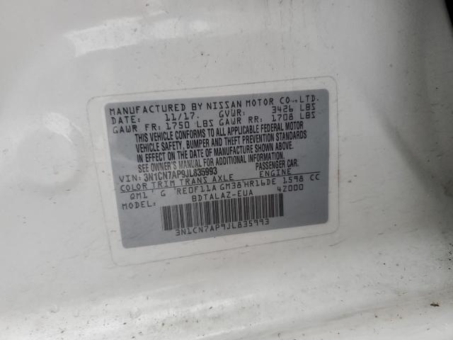 3N1CN7AP9JL835993 - 2018 NISSAN VERSA S WHITE photo 12