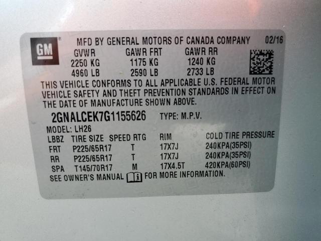 2GNALCEK7G1155626 - 2016 CHEVROLET EQUINOX LT SILVER photo 12