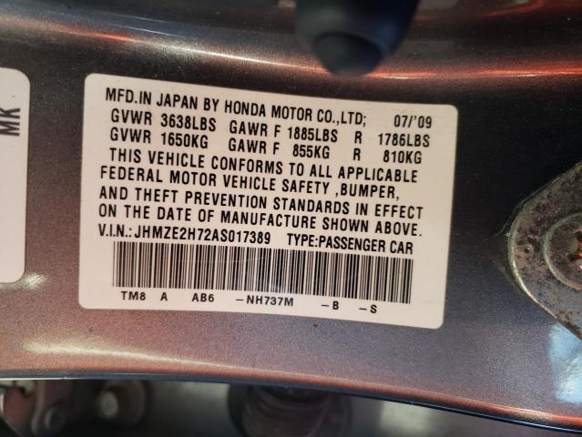 JHMZE2H72AS017389 - 2010 HONDA INSIGHT EX GRAY photo 12