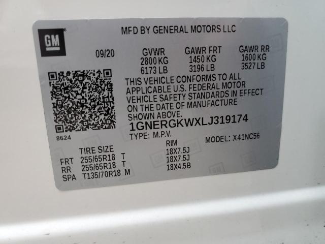 1GNERGKWXLJ319174 - 2020 CHEVROLET TRAVERSE LT WHITE photo 12