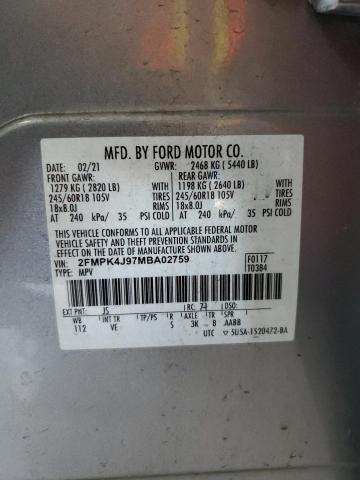 2FMPK4J97MBA02759 - 2021 FORD EDGE SEL SILVER photo 12