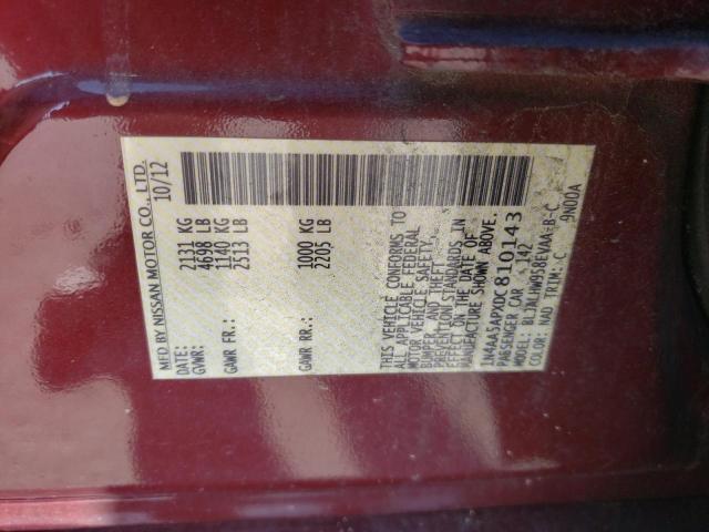 1N4AA5APXDC810143 - 2013 NISSAN MAXIMA S MAROON photo 12