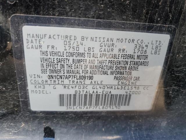 3N1CN7AP7FL809190 - 2015 NISSAN VERSA S BLACK photo 13