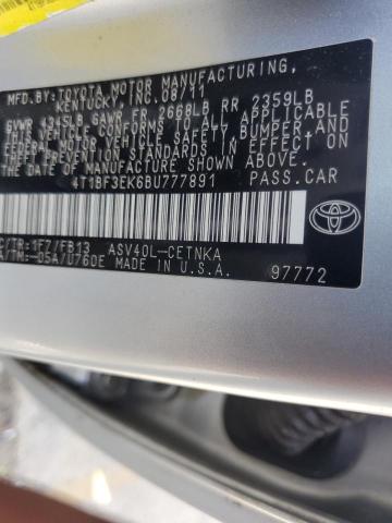 4T1BF3EK6BU777891 - 2011 TOYOTA CAMRY BASE SILVER photo 12