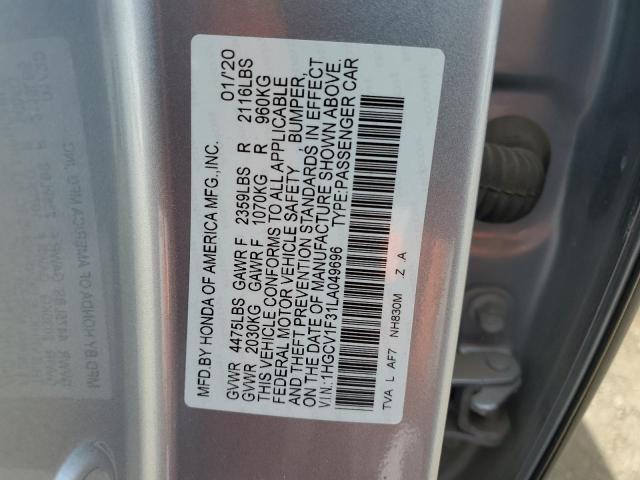 1HGCV1F31LA049696 - 2020 HONDA ACCORD SPORT GRAY photo 12