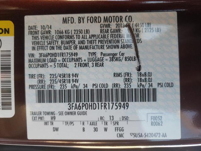 3FA6P0HD1FR175949 - 2015 FORD FUSION SE MAROON photo 12