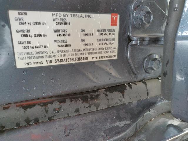 5YJSA1E26LF385169 - 2020 TESLA MODEL S Մոխրագույն լուսանկար 12