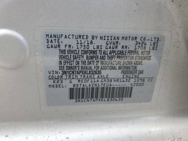 3N1CN7APXKL832635 - 2019 NISSAN VERSA S SILVER photo 12