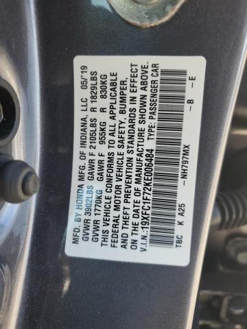 19XFC1F72KE006484 - 2019 HONDA CIVIC EXL ნაცრისფერი ფოტო 12