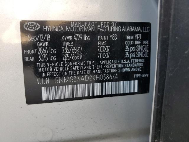 5NMS33AD2KH038674 - 2019 HYUNDAI SANTA FE SEL SILVER photo 13