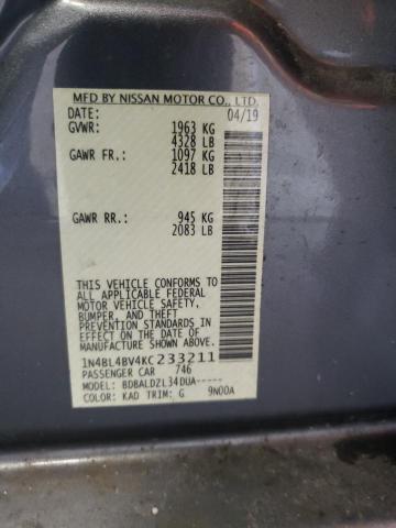 1N4BL4BV4KC233211 - 2019 NISSAN ALTIMA S GRAY photo 12