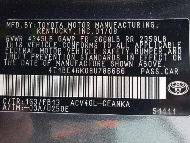 4T1BE46K08U786666 - 2008 TOYOTA CAMRY CE CHARCOAL photo 12