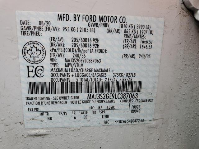 MAJ3S2GE9LC387063 - 2020 FORD ECOSPORT SE თეთრი ფოტო 14