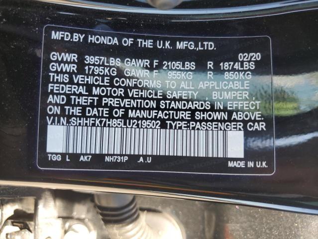 SHHFK7H85LU219502 - 2020 HONDA CIVIC EXL შავი ფოტო 12