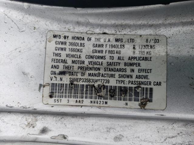 SHHEP33583U407739 - 2003 HONDA CIVIC SI SILVER photo 12