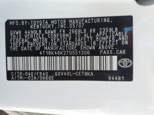 4T1BK46K27U551306 - 2007 TOYOTA CAMRY LE WHITE photo 13