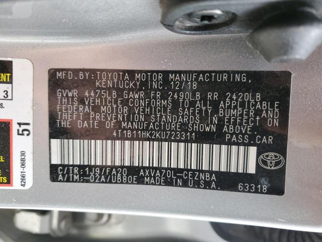 4T1B11HK2KU723311 - 2019 TOYOTA CAMRY 4D 2 L SILVER photo 13