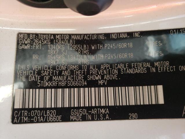 5TDKKRFH8FS066094 - 2015 TOYOTA HIGHLANDER XLE WHITE photo 13