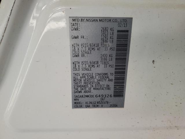 5N1AR2MM3DC649326 - 2013 NISSAN PATHFINDER S WHITE photo 13