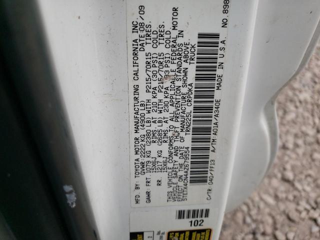 5TETX4CN4AZ679554 - 2010 TOYOTA TACOMA ACCESS CAB თეთრი ფოტო 12