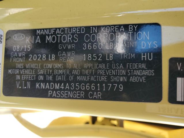 KNADM4A35G6611779 - 2016 KIA RIO LX YELLOW photo 12