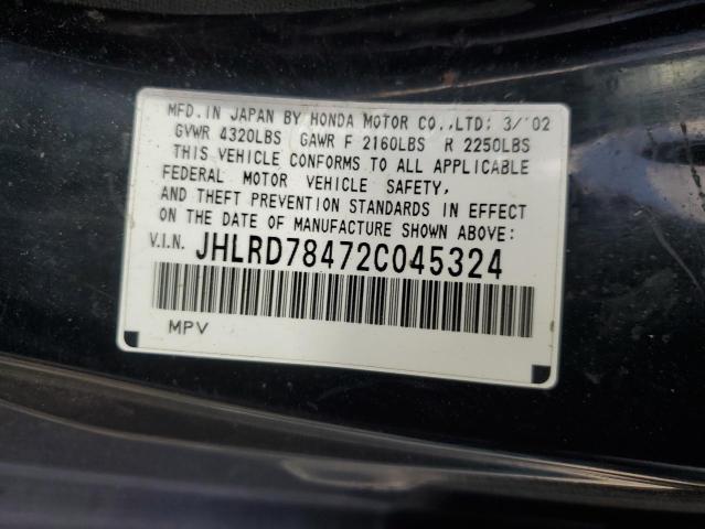 JHLRD78472C045324 - 2002 HONDA CR-V LX BLACK photo 13