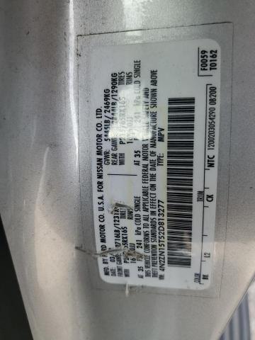 4N2ZN15T52D813277 - 2002 NISSAN QUEST GXE SILVER photo 13