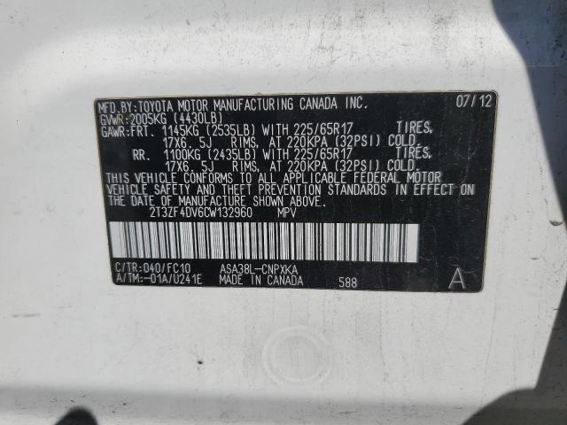 2T3ZF4DV6CW132960 - 2012 TOYOTA RAV4 WHITE photo 13