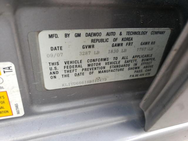 KL1TD66618B110479 - 2008 CHEVROLET AVEO BASE SILVER photo 12