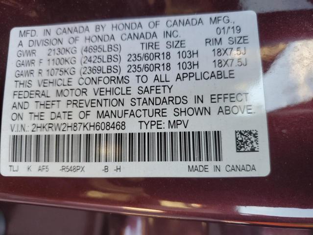 2HKRW2H87KH608468 - 2019 HONDA CR-V EXL MAROON photo 14