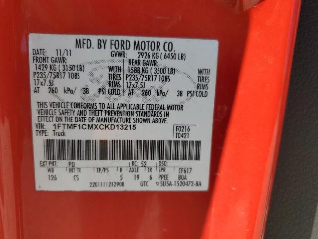 1FTMF1CMXCKD13215 - 2012 FORD F150 RED photo 12