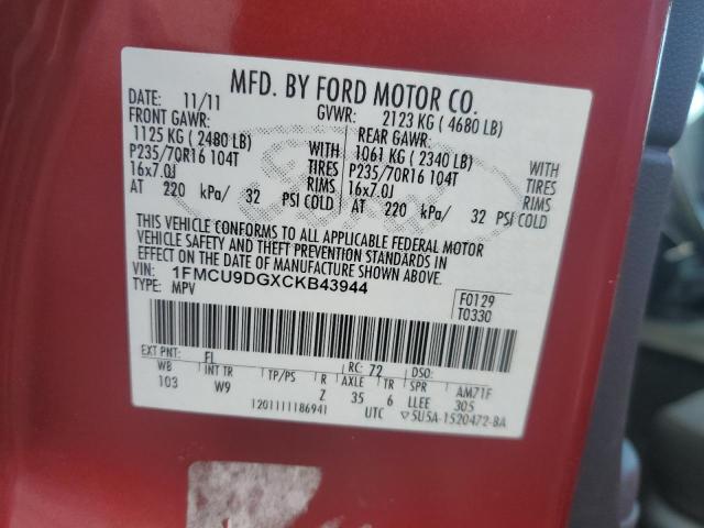 1FMCU9DGXCKB43944 - 2012 FORD ESCAPE XLT RED photo 13