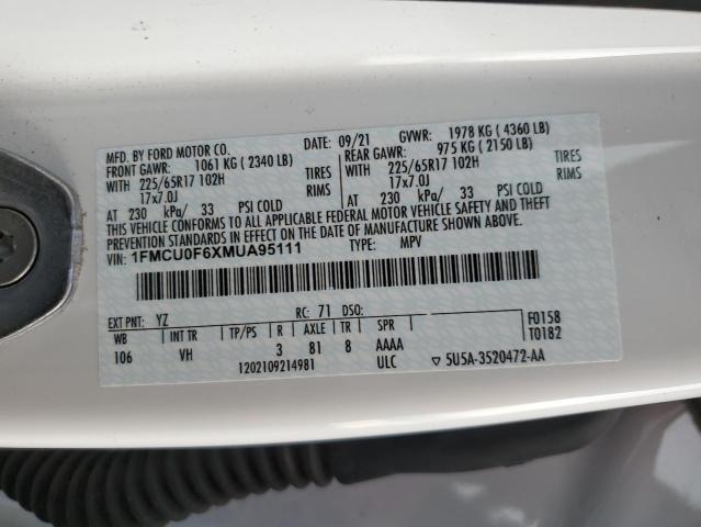 1FMCU0F6XMUA95111 - 2021 FORD ESCAPE S WHITE photo 14