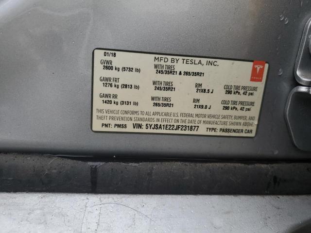 5YJSA1E22JF231877 - 2018 TESLA MODEL S Արծաթագույն լուսանկար 12