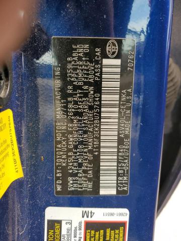 4T1BF3EK2BU757640 - 2011 TOYOTA CAMRY BASE BLUE photo 12