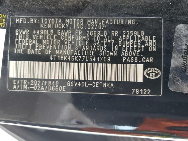 4T1BK46K77U541709 - 2007 TOYOTA CAMRY LE BLACK photo 12