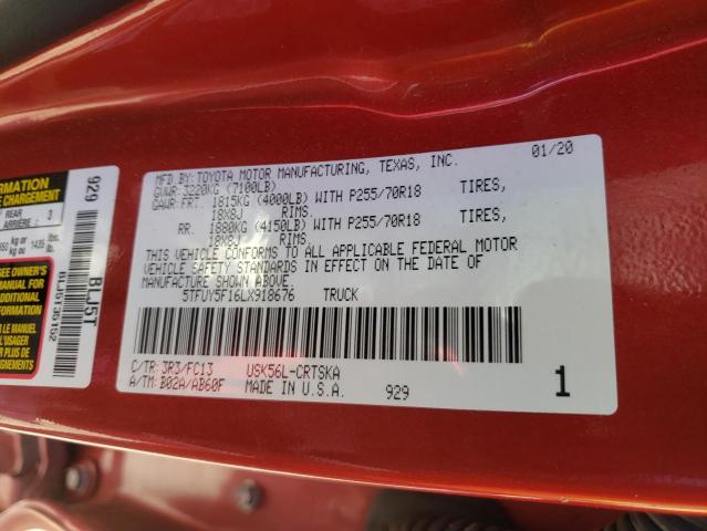 5TFUY5F16LX918676 - 2020 TOYOTA TUNDRA DOUBLE CAB SR/SR5 RED photo 12